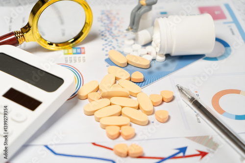 Obraz na płótnie Analyzing Pharmaceuticals: Capsules, Charts, and Tools on a Table w salonie
