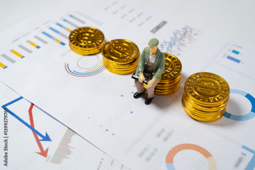 Analyzing Financial Growth: Miniature Figure with Gold Coins on Charts