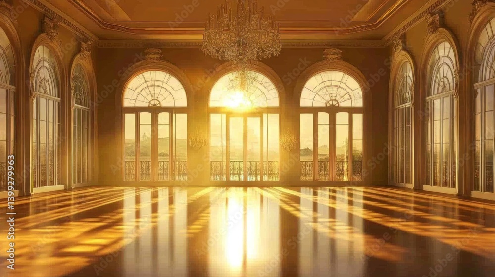 An empty room illuminated by sunshine streaming through grand windows An empty room illuminated by sunshine streaming through grand windows