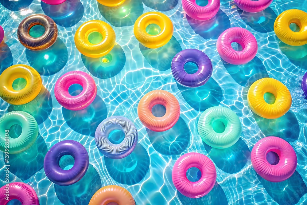Colorful Inflatable Pool Rings Floating in Turquoise Water, Ripples and Reflections Colorful Inflatable Pool Rings Floating in Turquoise Water, Ripples and Reflections