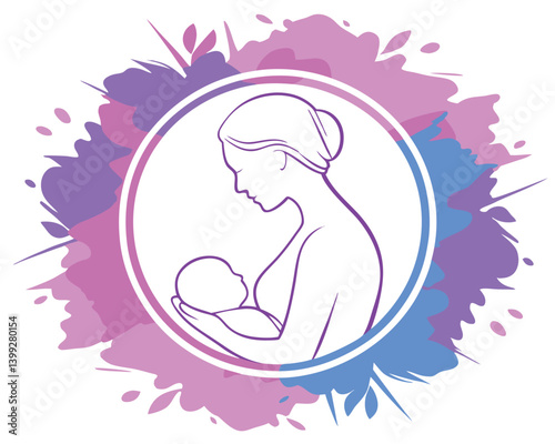 Mother Breastfeeding Baby with Floral Accents. Breastfeeding Mother and Baby in a Circle with Floral Design.