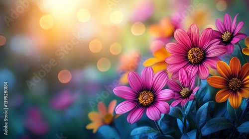 Vibrant flowers, garden, sunset bokeh,  peaceful scene