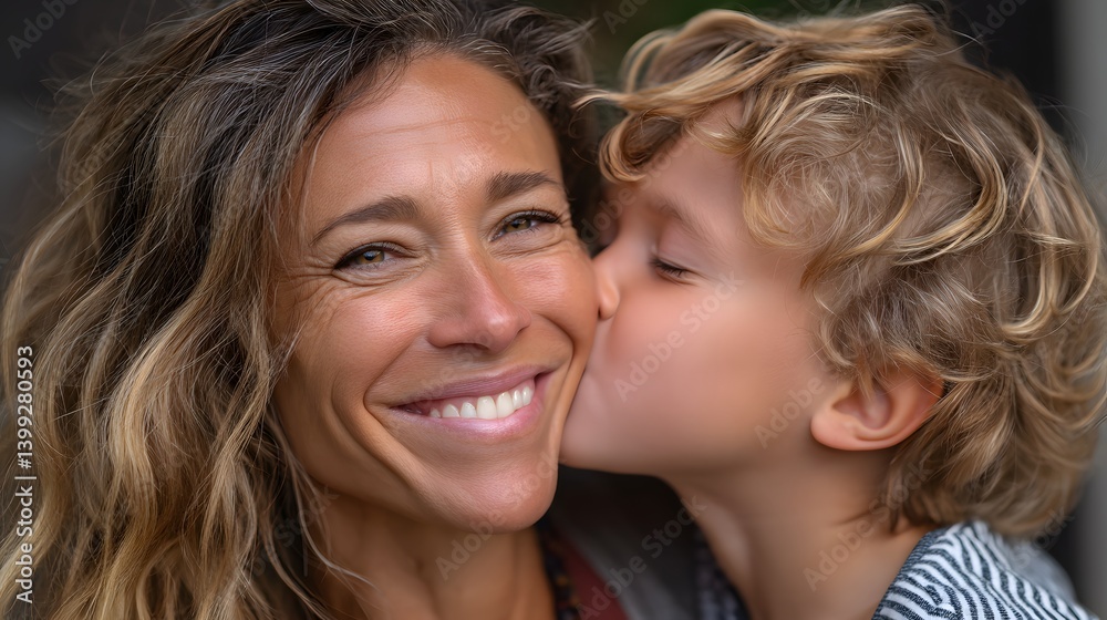 Mother’s Day: A loving moment captured as a mother smiles, her face adorned with love as her child plants a sweet kiss upon her cheek, a gesture of pure affection. Mother’s Day: A loving moment captured as a mother smiles, her face adorned with love as her child plants a sweet kiss upon her cheek, a gesture of pure affection.