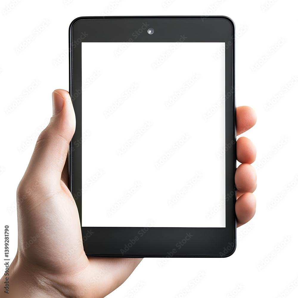 Hand holding tablet with blank screen isolated on white background Hand holding tablet with blank screen isolated on white background
