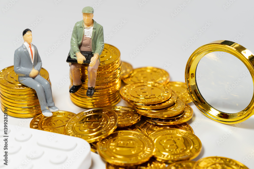 Business Figures Analyzing Wealth with Gold Coins and Magnifying Glass
