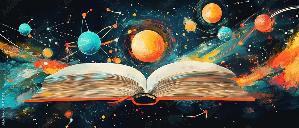 Children exploring knowledge and science with books, colorful artistic graphic collage, blending playful illustrations of atoms, stars, and books, in a vibrant, whimsical style