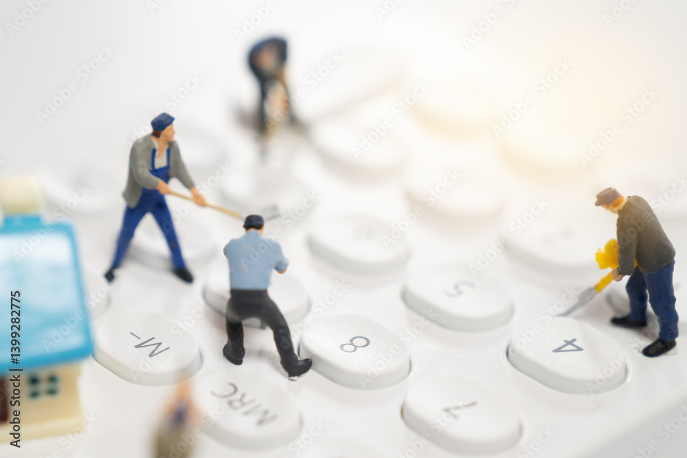 Miniature Workers Engaged in Creative Construction on a Keypad
