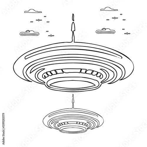 Line art of futuristic spaceship in the sky