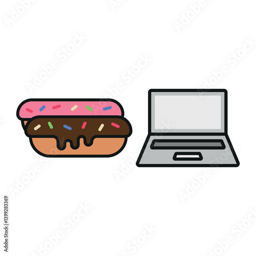 Laptop and eclair icon shows sweet digital breaks, cozy workspace vibes, and delightful productivity moments.