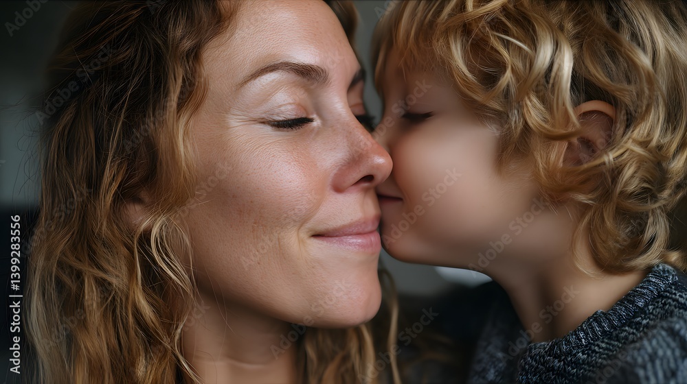 Mother’s Day: Tender moment shared between a mother and her child as they exchange a sweet kiss, showcasing their bond and close relationship. Mother’s Day: Tender moment shared between a mother and her child as they exchange a sweet kiss, showcasing their bond and close relationship.