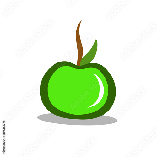 Vibrant green apple with a brown stem and green leaf against a white background, perfect for food themes