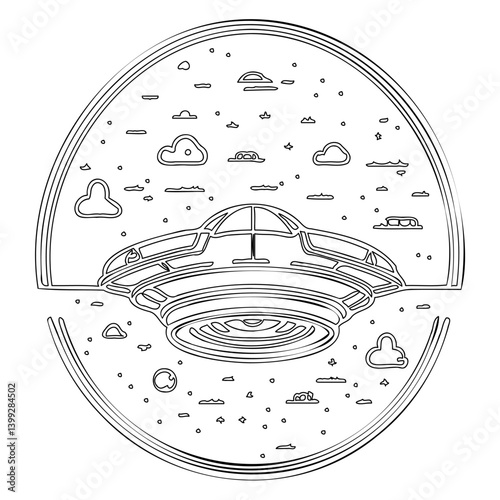 Monochrome UFO amidst Clouds, Outline Illustration