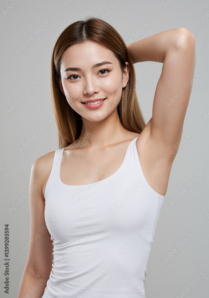 Smiling young woman posing with hand behind head in studio Smiling young woman posing with hand behind head in studio
