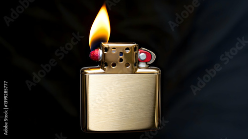 Gold lighter burning flame dark background.  Close-up product shot for advertising