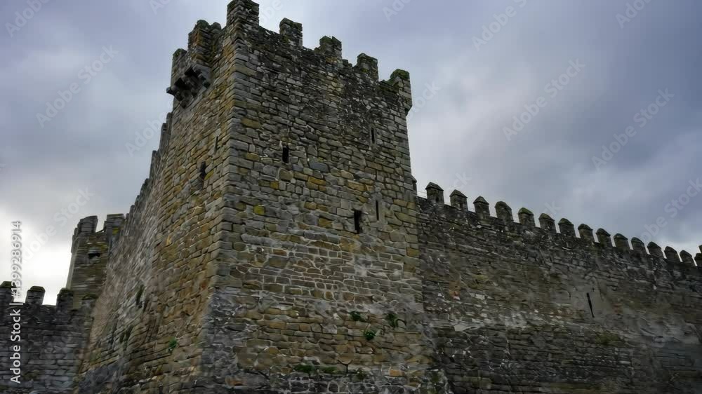 Ancient stone castle keep stands against cloudy sky, medieval architecture and fortification, historic landmark with weathered stones Ancient stone castle keep stands against cloudy sky, medieval architecture and fortification, historic landmark with weathered stones
