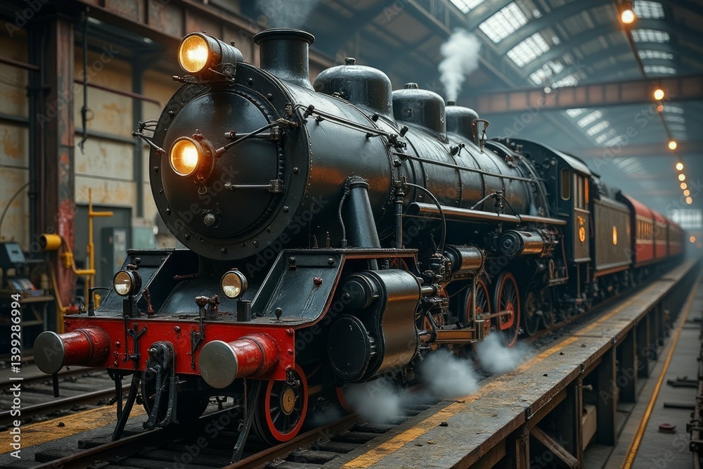 Obraz premium A vintage steam locomotive pulling a passenger train in a large indoor railway station.