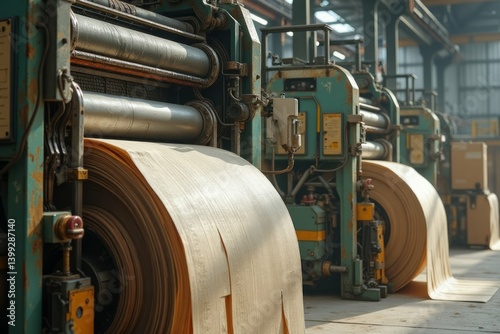 Wood veneer being processed by industrial machinery in a factory. photo