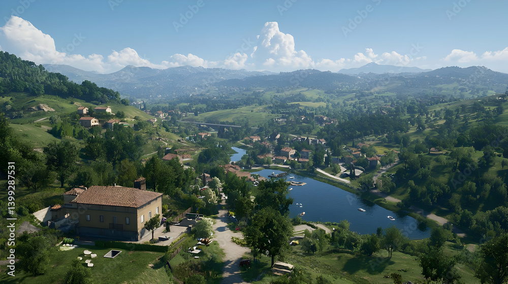 Fototapeta premium Panoramic View Of Italian Valley With River And Town