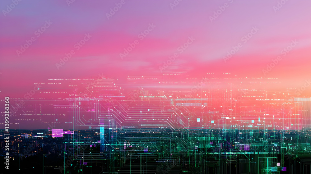 Obraz premium Vibrant Digital Sunset Cityscape