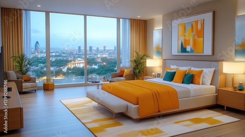 Modern bedroom with city views