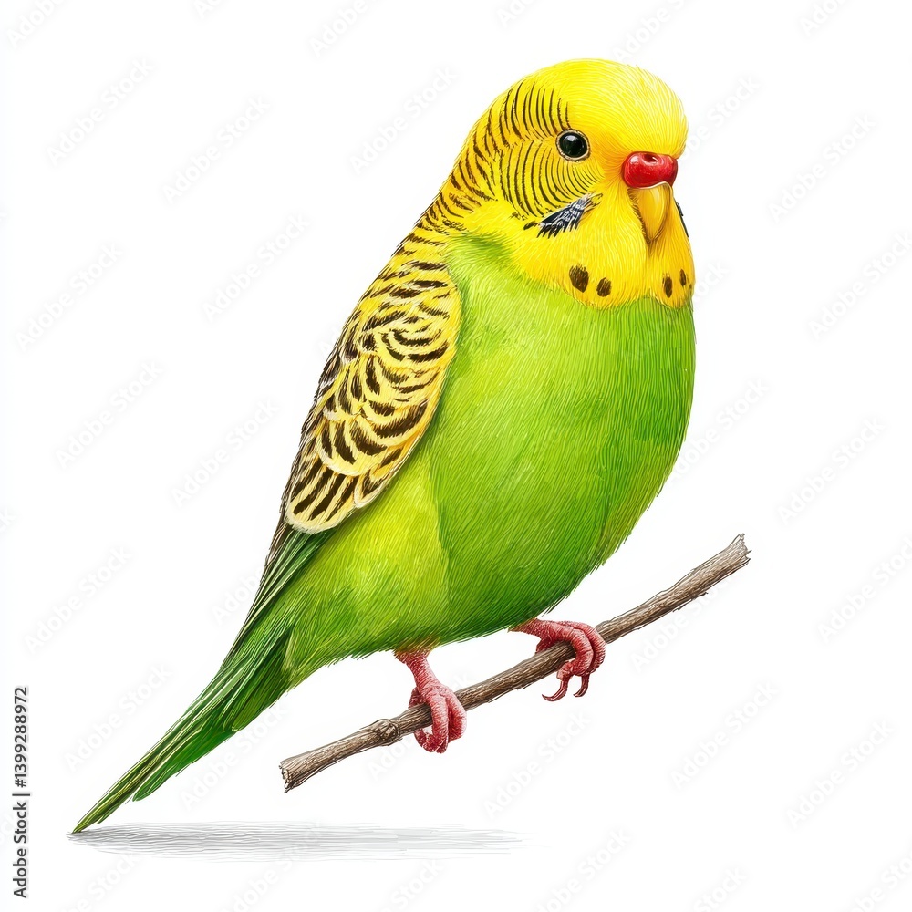 Fototapeta premium Green and Yellow Budgie Perched on Twig