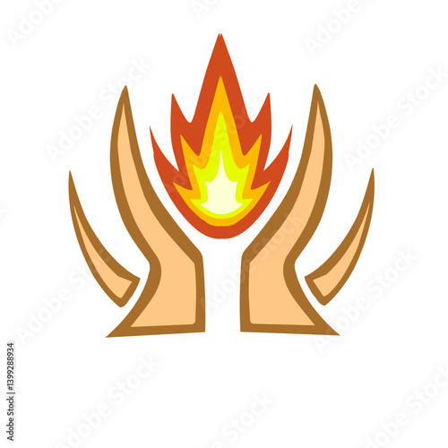 Abstract illustration of hands cradling a vibrant flame, symbolizing warmth and creativity