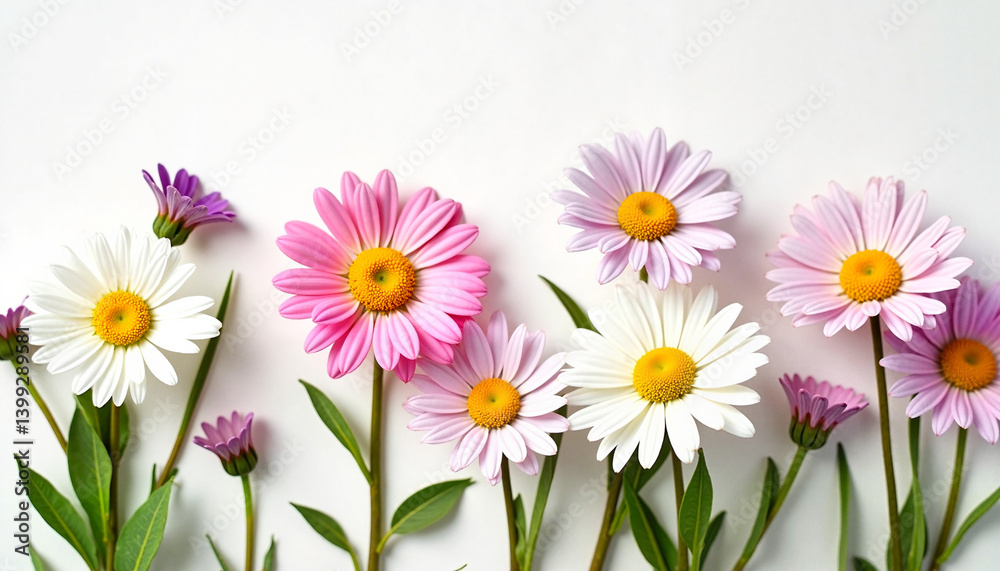 Fototapeta premium Colorful flowers arranged on a blank background for design 
