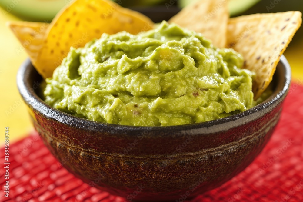 A bowl of green guacamole with tortilla chips for dipping A bowl of green guacamole with tortilla chips for dipping