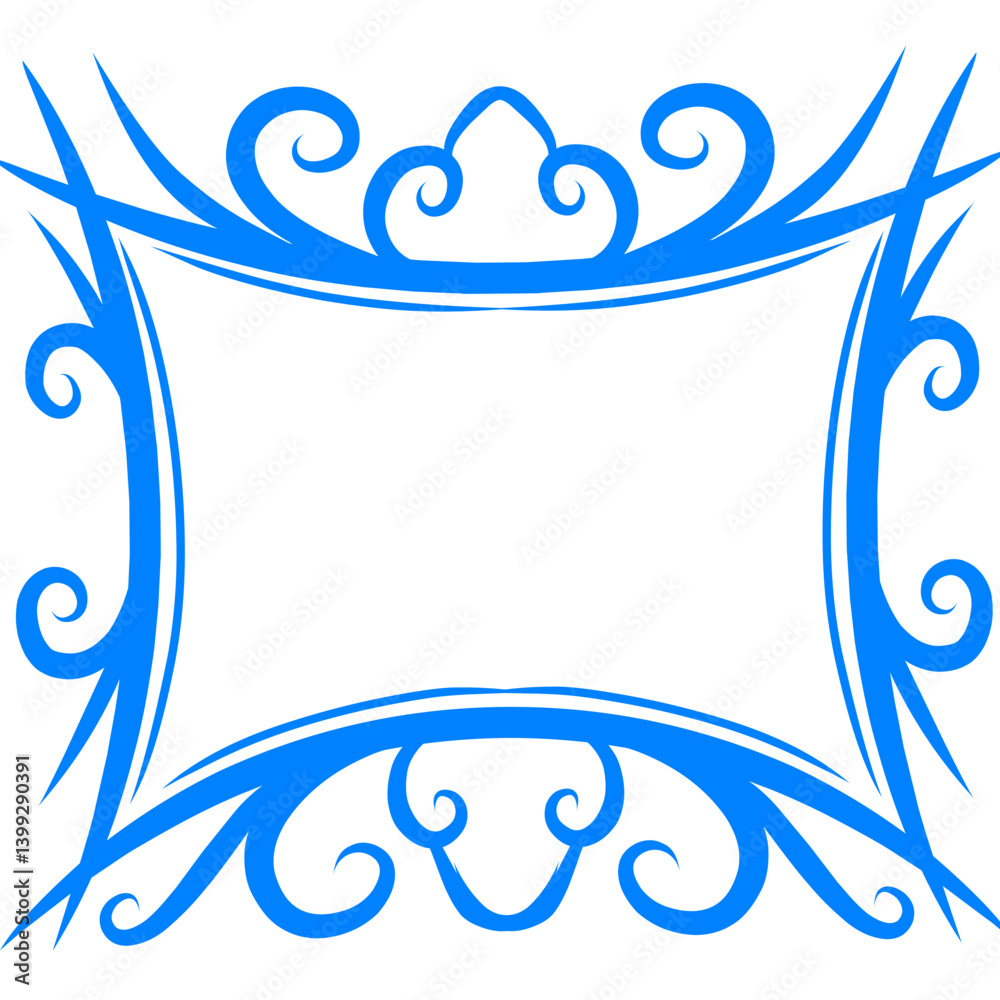 Decorative blue ornamental frame with intricate swirls and curves, ideal for invitations or art displays
