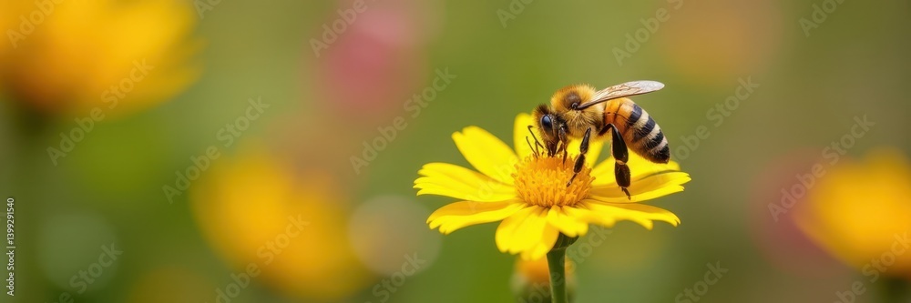 Busy bee gathering nectar from vibrant summer wildflowers , sun, summer background Busy bee gathering nectar from vibrant summer wildflowers , sun, summer background