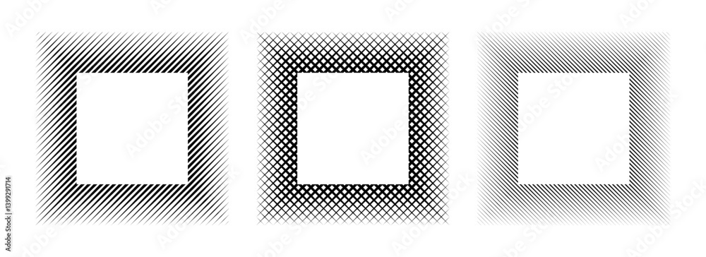 Black linear square frame set. Striped geometric border collection in minimalist style. Thin overlap line picture frame bundle. Simple boarder element pack for photo, cadre, poster, card. Vector