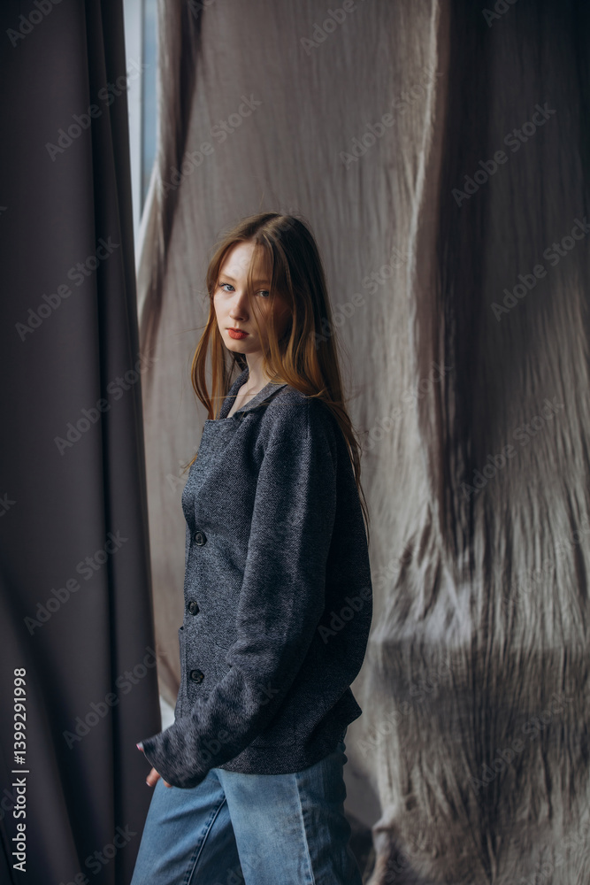 Fototapeta premium Beautiful blonde model, young girl, teenager in the studio in a jacket and jeans against the background of fluttering fabrics