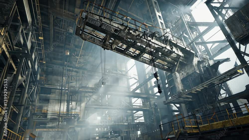 Industrial construction interior of complex metal frameworks with beams and cranes under construction in heavy industry facility, angle view Industrial construction interior of complex metal frameworks with beams and cranes under construction in heavy industry facility, angle view