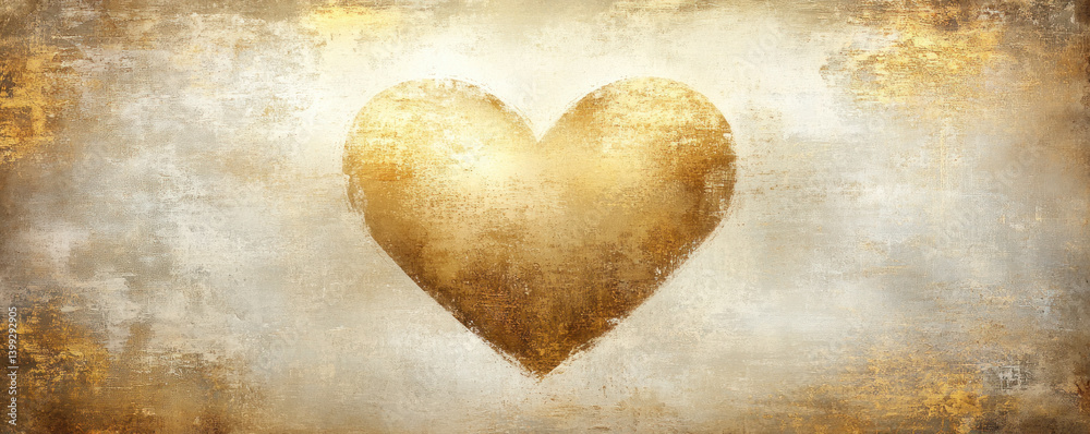 Obraz premium A gold heart is painted on a white background. The heart is surrounded by a lot of gold paint, giving it a warm and inviting appearance. Concept of love and affection