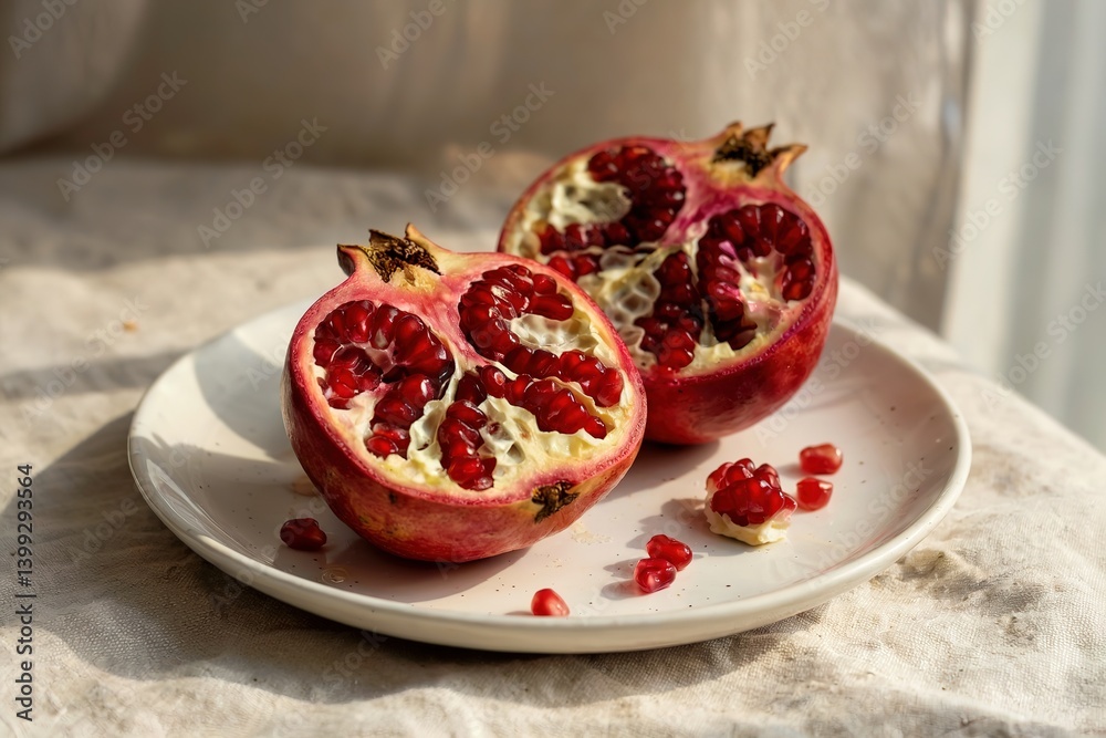 Still life composition of a fresh ripe pomegranate cut open to reveal its juicy ruby red arils, resting on a white ceramic plate bathed in warm natural sunlight on a textured linen cloth. Still life composition of a fresh ripe pomegranate cut open to reveal its juicy ruby red arils, resting on a white ceramic plate bathed in warm natural sunlight on a textured linen cloth.