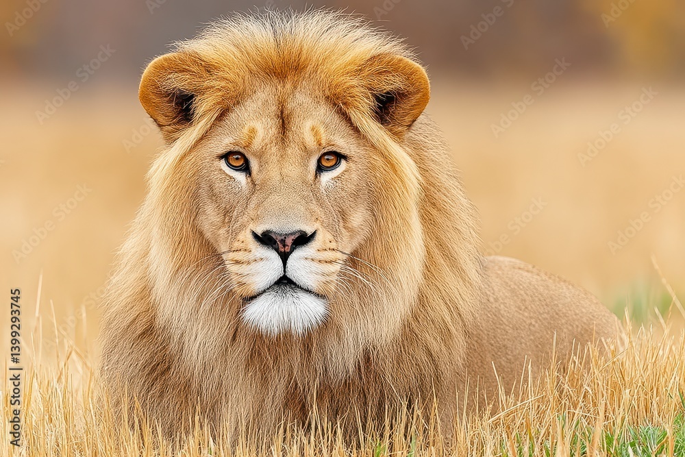 Obraz premium Majestic Male Lion in Golden Grassland