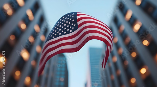 Waving American Flag Against City Skyline