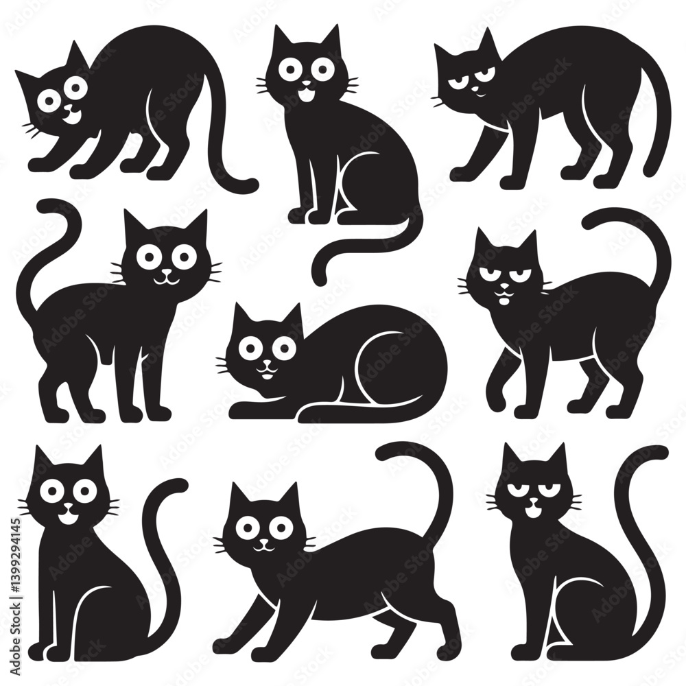 Set of Vector Black silhouettes cats. Collection of funny cats in different poses. illustration isolated on white background. Drawing with children. Set of Vector Black silhouettes cats. Collection of funny cats in different poses. illustration isolated on white background. Drawing with children.