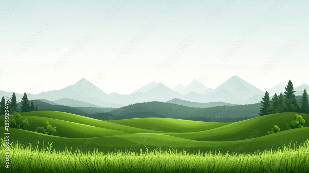 Fototapeta premium A serene landscape featuring rolling green hills and distant mountains under a clear sky.
