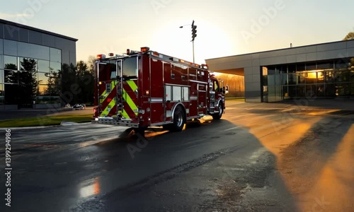 Fire truck parked in front of a modern fire station at sunset