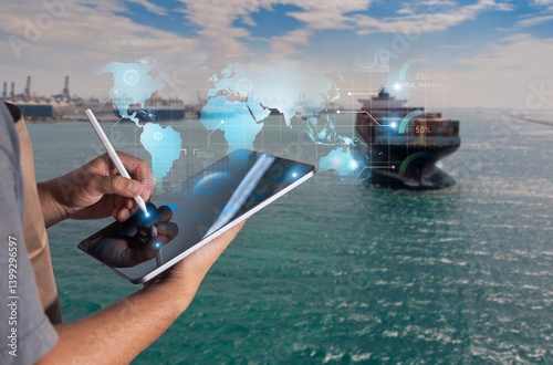 Person using digital tablet for global cargo tracking with futuristic interface overlay, ship and port background in logistics concept.