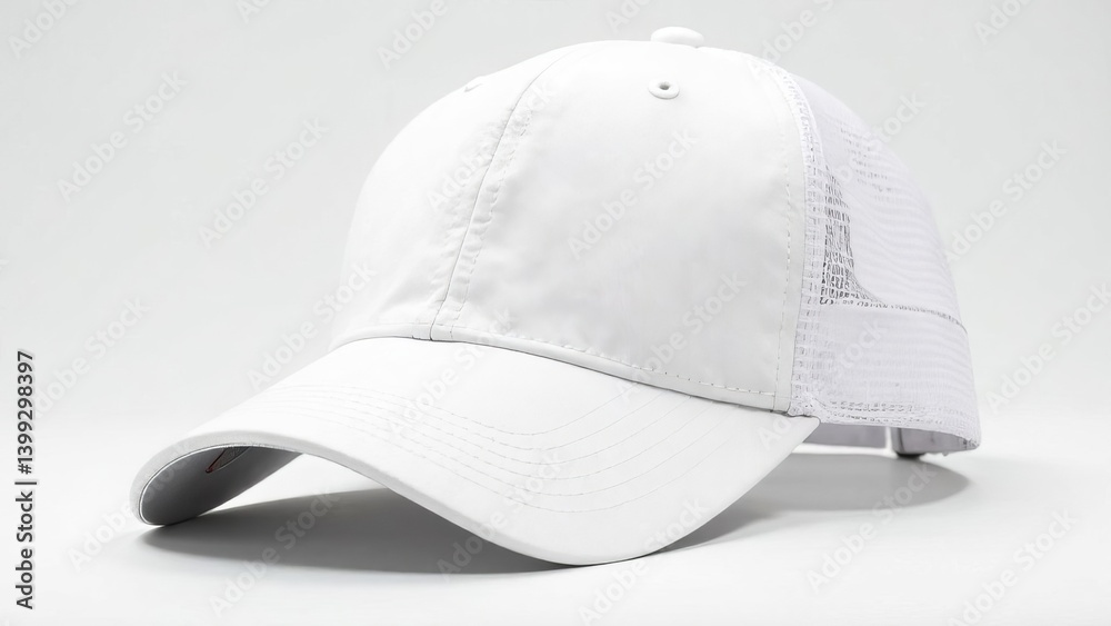 Fototapeta premium White baseball cap with mesh, isolated on white background, copy space, space for your text