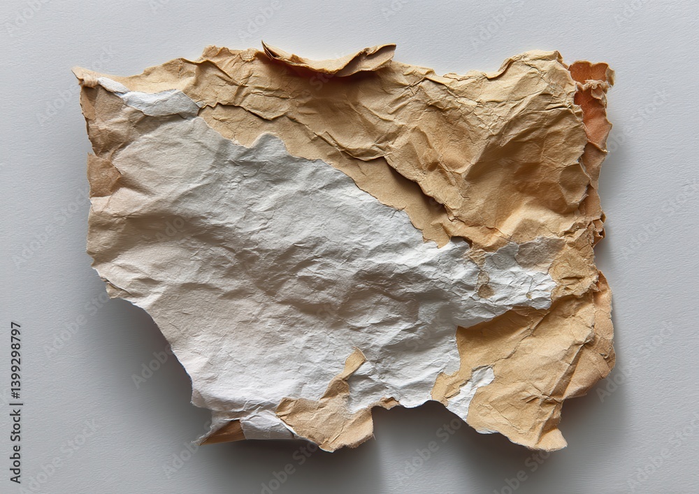 Obraz premium An abstract, textured paper art piece in beige and white with torn edges.