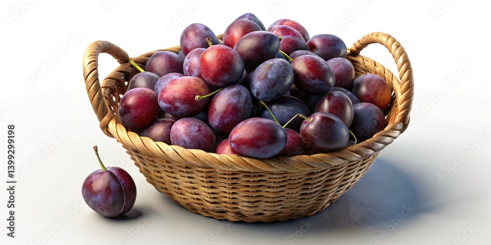 Macro Photography: Close-up of Fresh Plums in a Basket, Isolated White Background Macro Photography: Close-up of Fresh Plums in a Basket, Isolated White Background