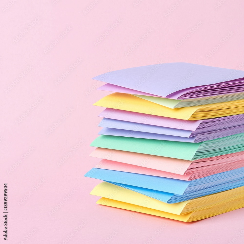 A colorful stack of paper sheets in pastel shades, arranged neatly against a soft pink background, ideal for arts and crafts. A colorful stack of paper sheets in pastel shades, arranged neatly against a soft pink background, ideal for arts and crafts.