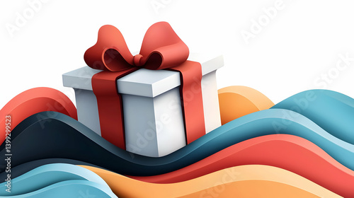 White Gift Box with Red Ribbon on Colorful Abstract Waves