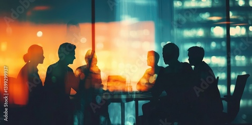 Business team meeting, silhouette of business people in an office conference room sitting around a table discussing work together. Abstract blurred background with a double exposure effect
