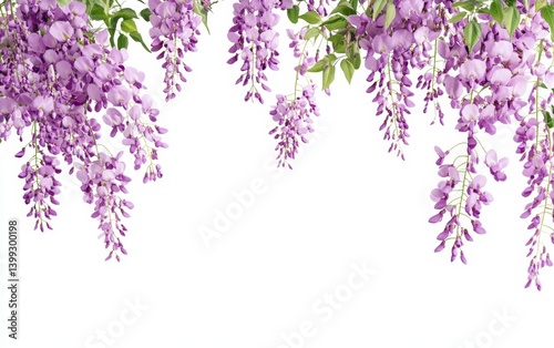 Delicate wisteria blossoms cascading against a white background.  Clusters of vibrant purple flowers hang downwards, creating a floral border.  Fresh, verdant leaves complement the blooms