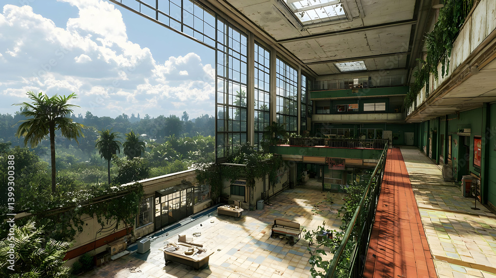 Fototapeta premium Ruined Tropical Building Interior With Lush Plants