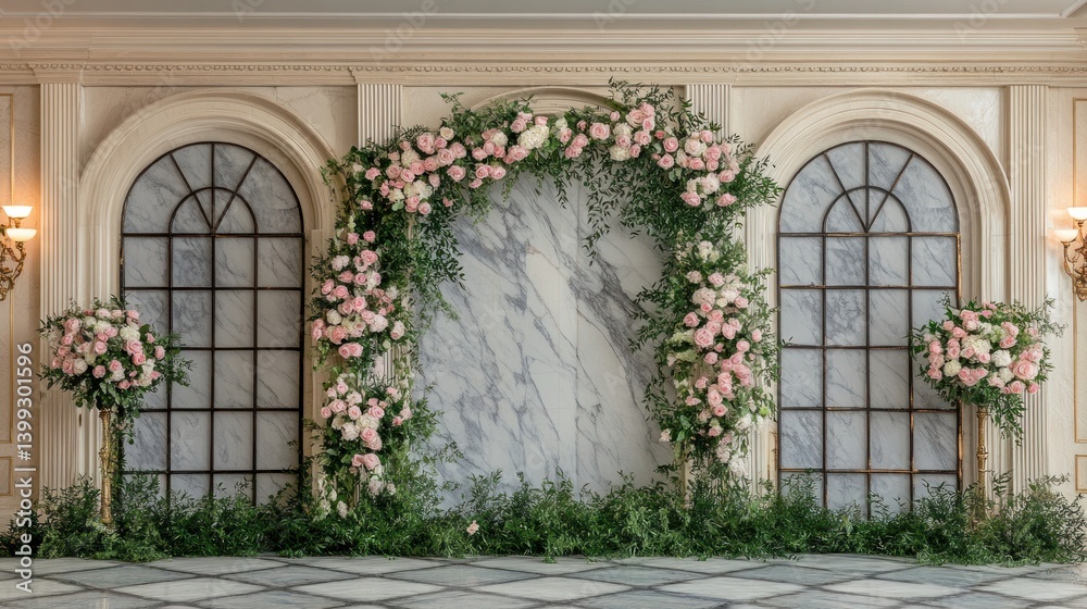 A decorated indoor space featuring a floral arch and windows